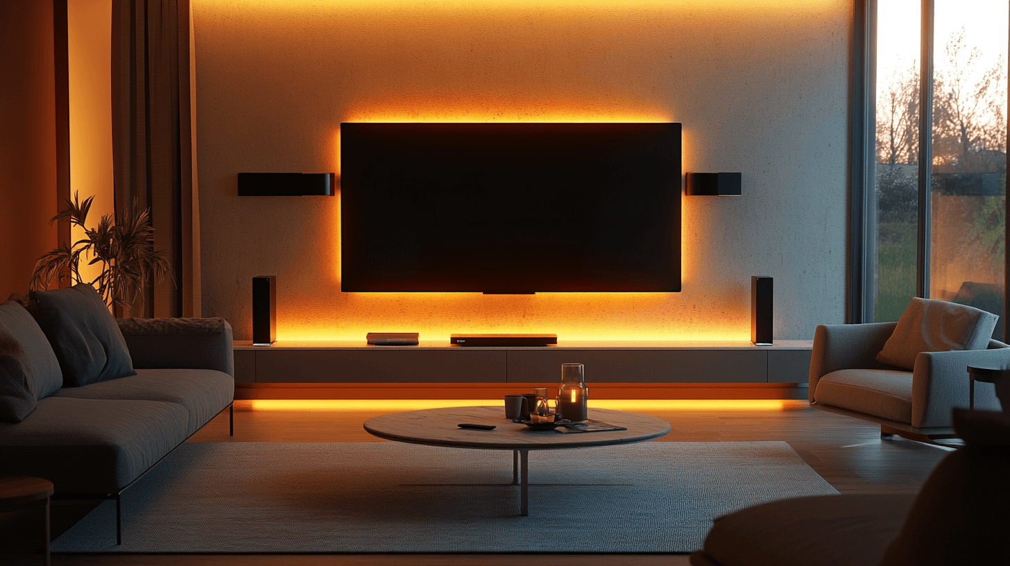 Wohnbereich mit eingebauter Media-Wand: Technik elegant präsentieren