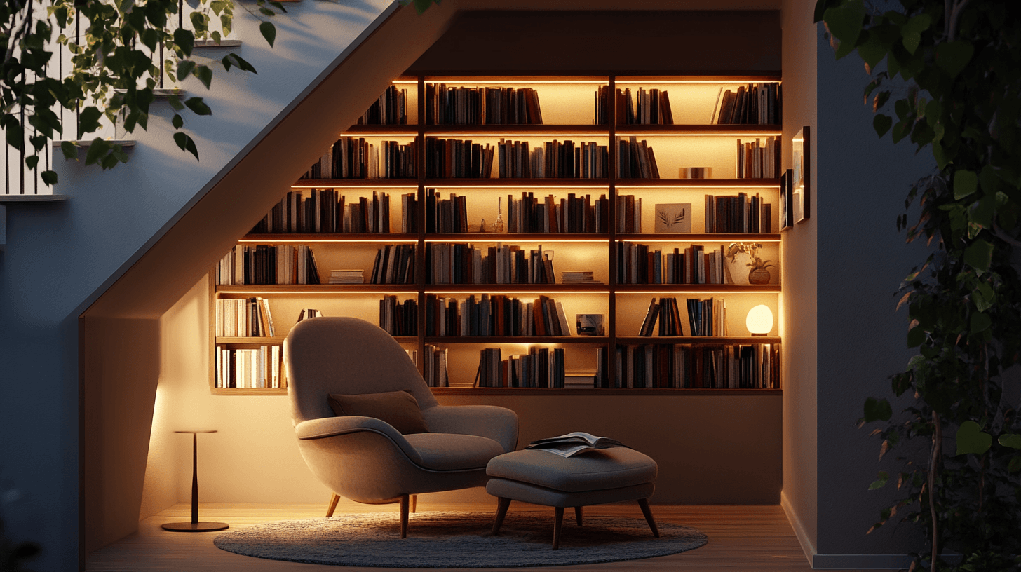 Bücherregal unter der Treppe: Raum geschickt ausnutzen