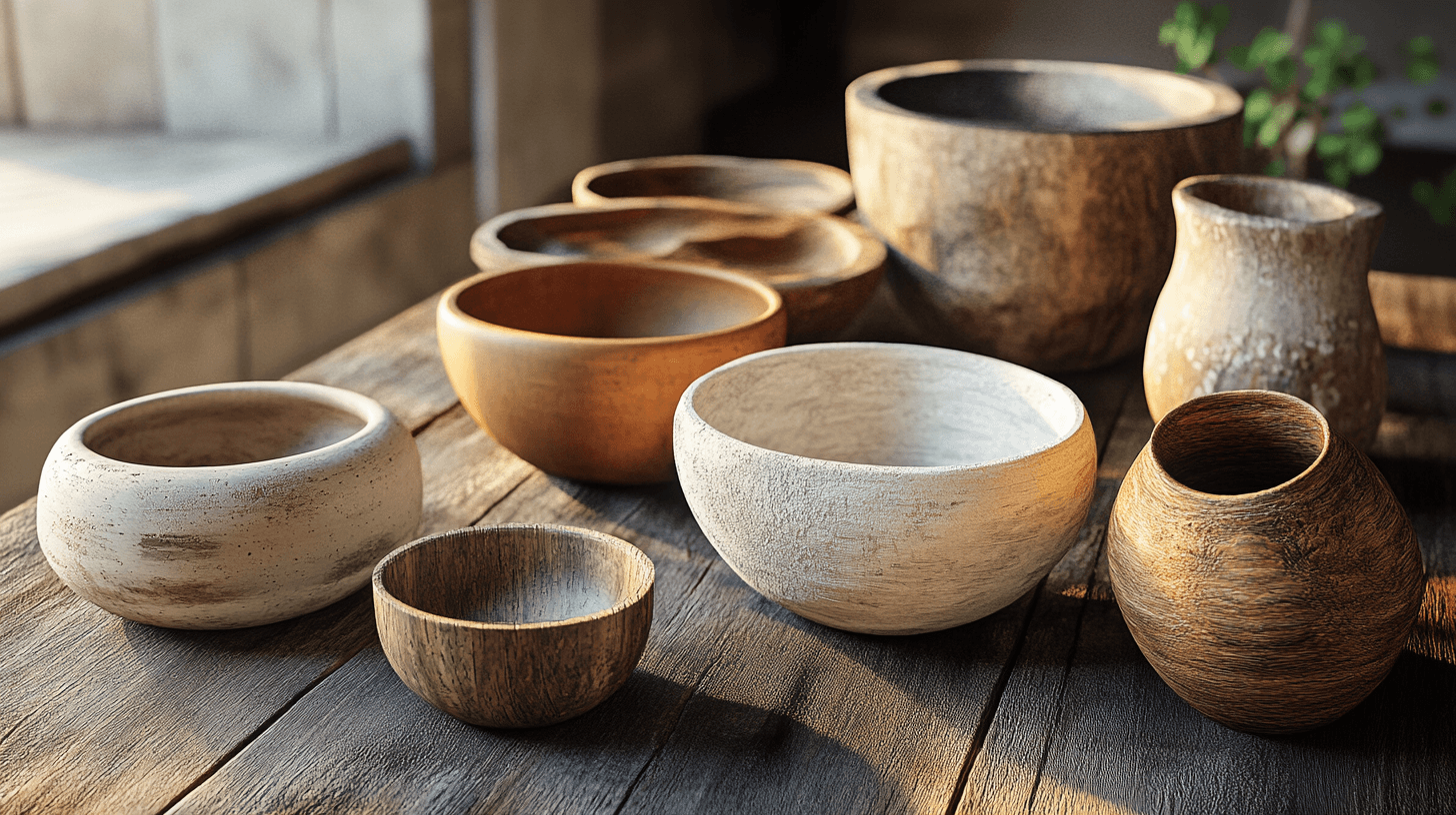 Gefäße und Dekorationen aus natürlichen Materialien: Holz, Stein und Keramik
