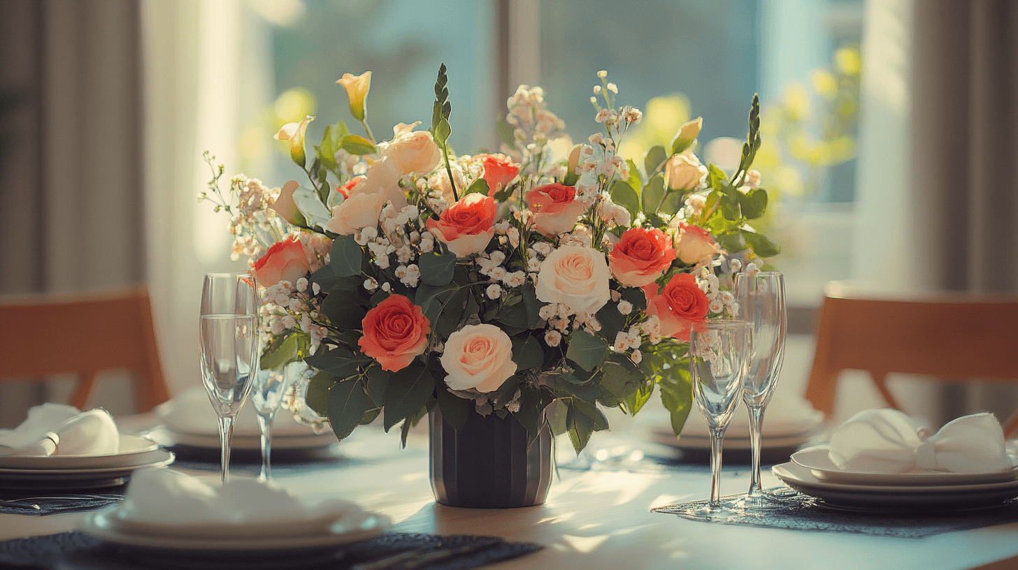 Künstlerische Gestaltung von Blumen auf dem Tisch