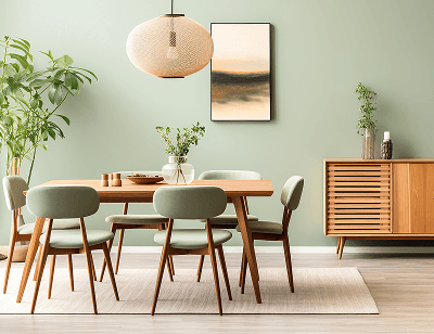 Esszimmer mit einer lindgrünen Wand, davor steht eine Essgruppe mit Holztisch und Stühlen mit lindgrünem Bezug auf einem Teppich in creme 
