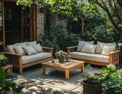 Terrasse vor einem Haus mit Bäumen, auf dem Loungemöbel bestehend aus zwei Bänken mit hellen Sitzkissen und einem kleinen Tisch stehen