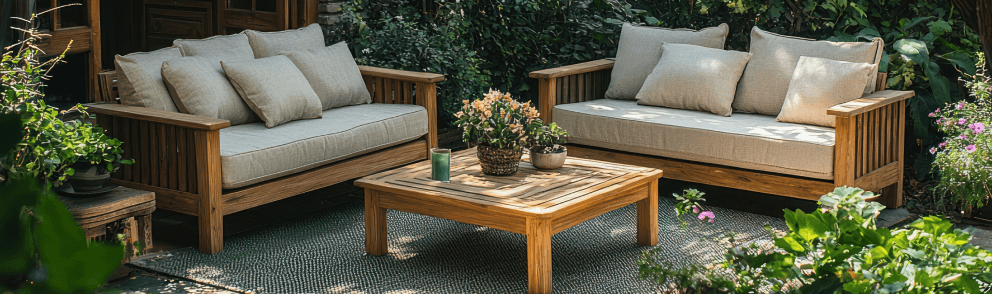 Loungemöbel aus Holt mit hellen Sitzkissen bestehend aus zwei Sofas und einem Couchtisch auf einer Terrasse