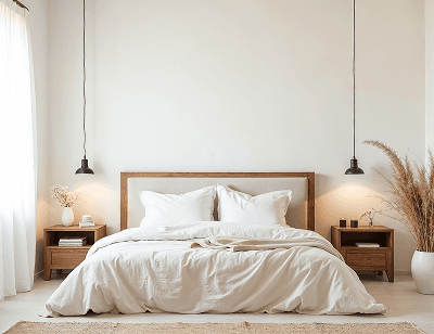Schlafzimmer mit einer Wand in Creme, davor steht ein Doppelbett mit Bettwäsche in beige und zwei Nachttische, die von Hängelampen beleuchtet werden